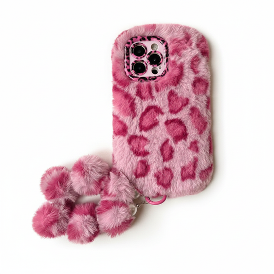 Pink leopard print fluffy fur case with pom-pom strap