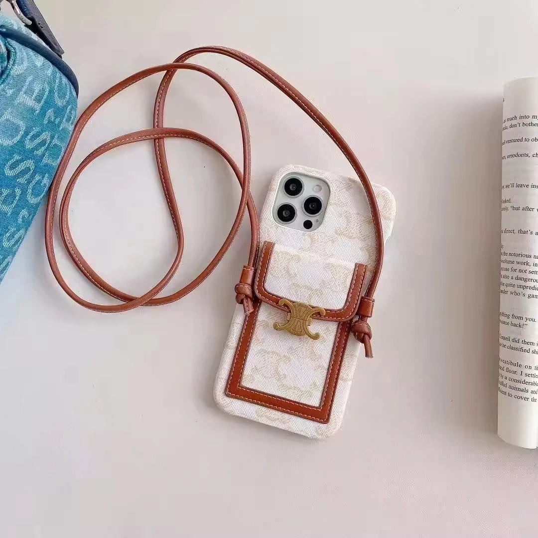 Leather Crossbody iPhone Cases Leather Wallet Strap 12-17 pro max