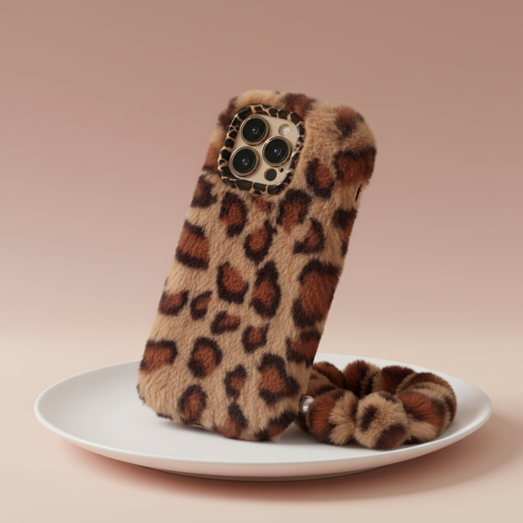 Brown leopard case on plate with warm beige background