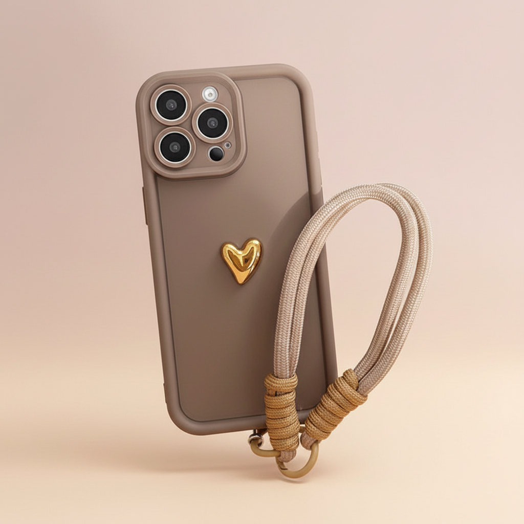 Cute Golden Love Heart iPhone Case & Wrist Strap
