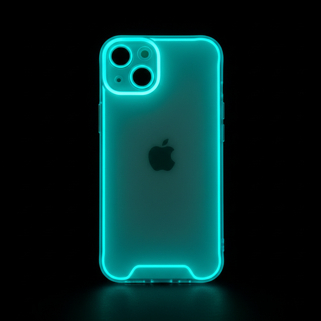 Glowing cyan case in the dark