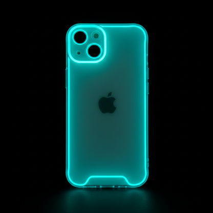 Glowing cyan case in the dark