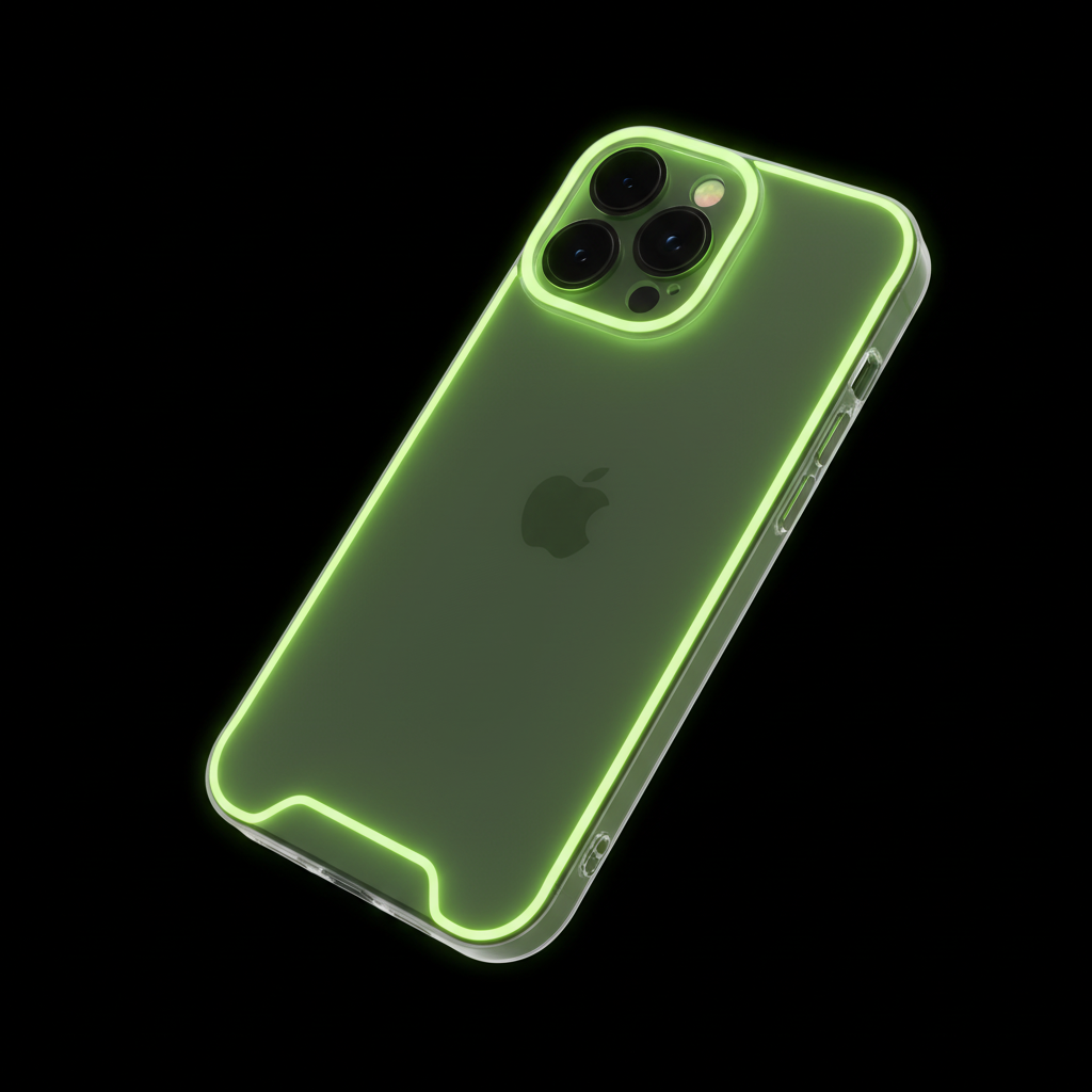 Glowing neon green case in the dark