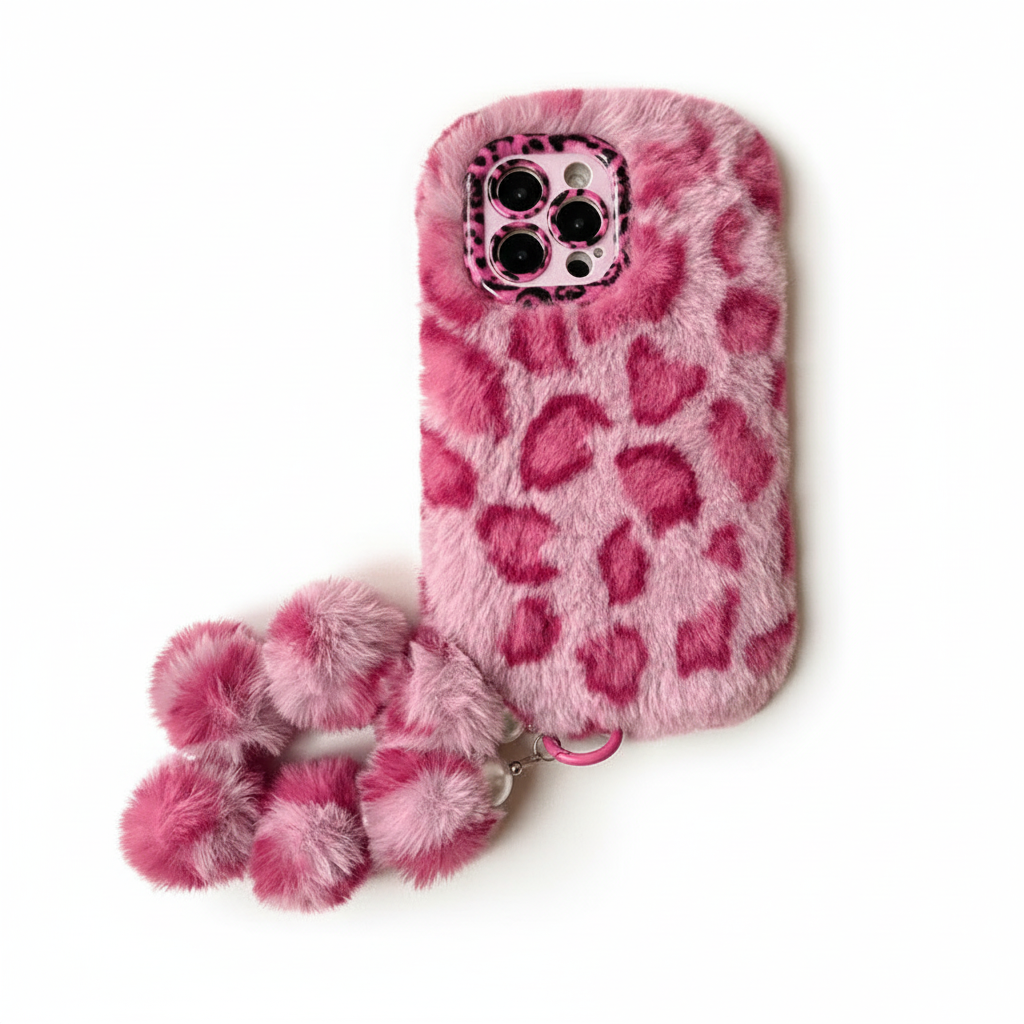 Pink leopard print fluffy fur case with pom-pom strap